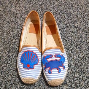 Tory Burch Striped Espadrilles with Crab and Shell Design